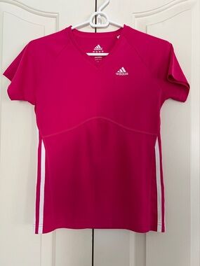 adidas Women's V-Neck Short Sleeve Tee - Pink with White Stripes
